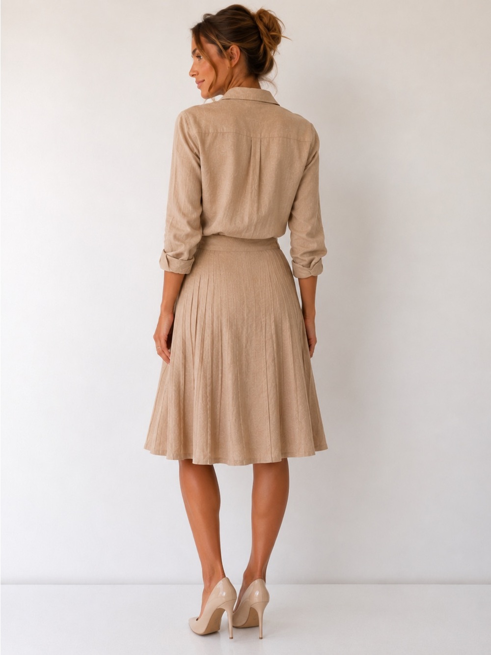 Think Tank Beige Pleated A-Line Midi Skirt Size 6 embroidery Sunburst style - Picture 2 of 10